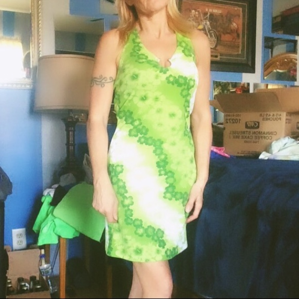 Green/white halter mini dress
